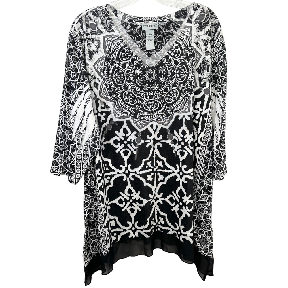 Catherines Plus Size 18/20W Top 1X Black White Rhinestone Monochrome 1233